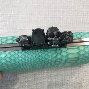 Alexander McQueen Style Crocodile Textured Skull Ring Teal Clutch